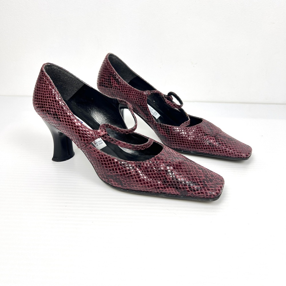 Sz 7-Vtg Arnold Churgin Burgundy Leather Snake Print Heeled Mary Jane Square Toe
